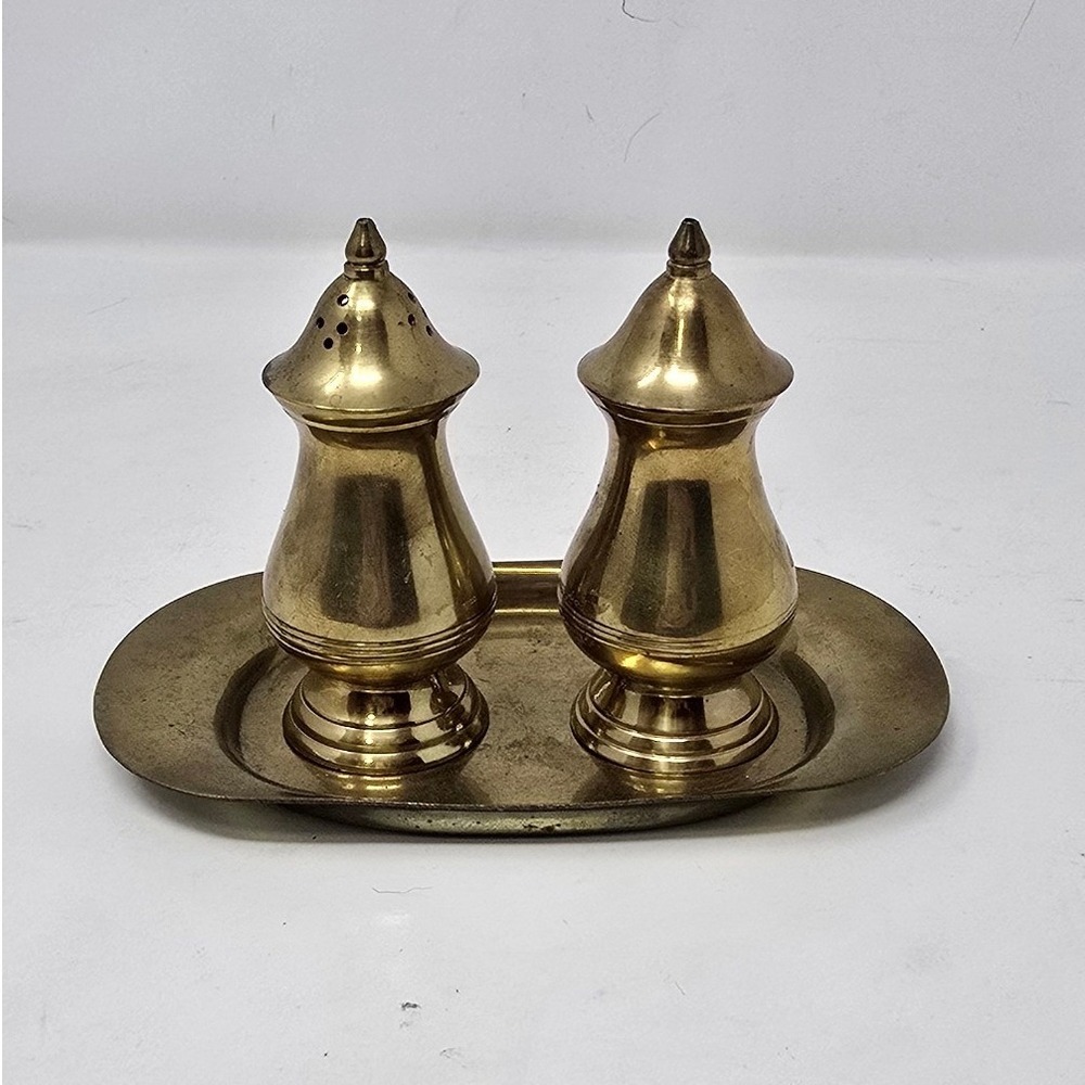 Vtg metal brass salt and pepper shaker w/stand plate dark academic Farmhouse